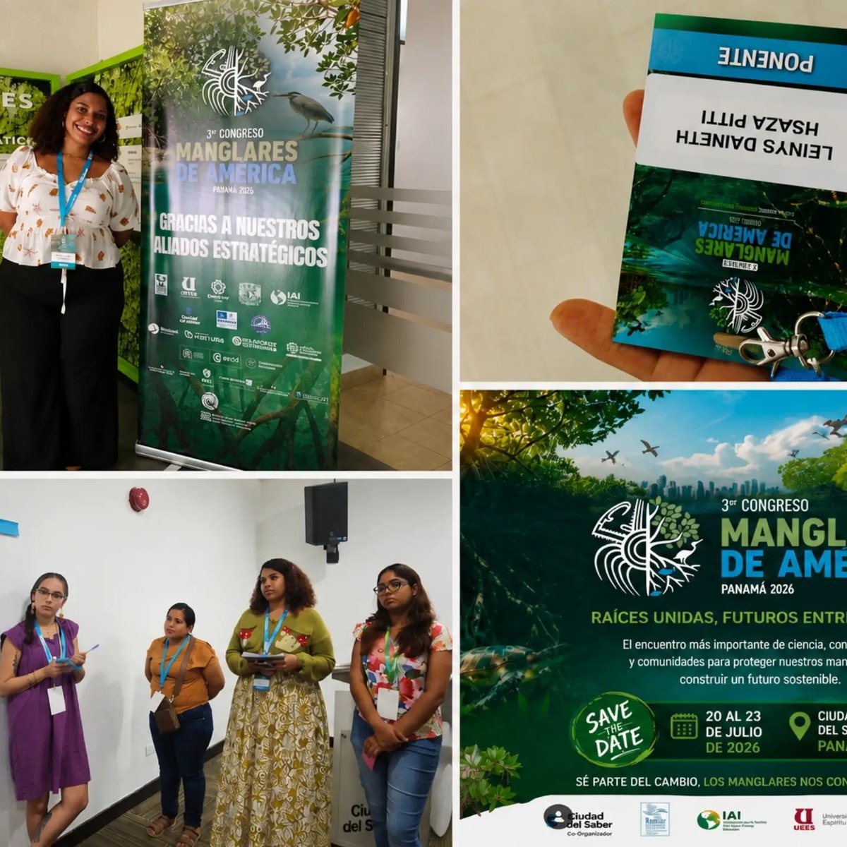 Leinys Daineth Isaza Pitti next to the 3rd Mangroves of America Congress banner, with her speaker badge and the congress poster.
