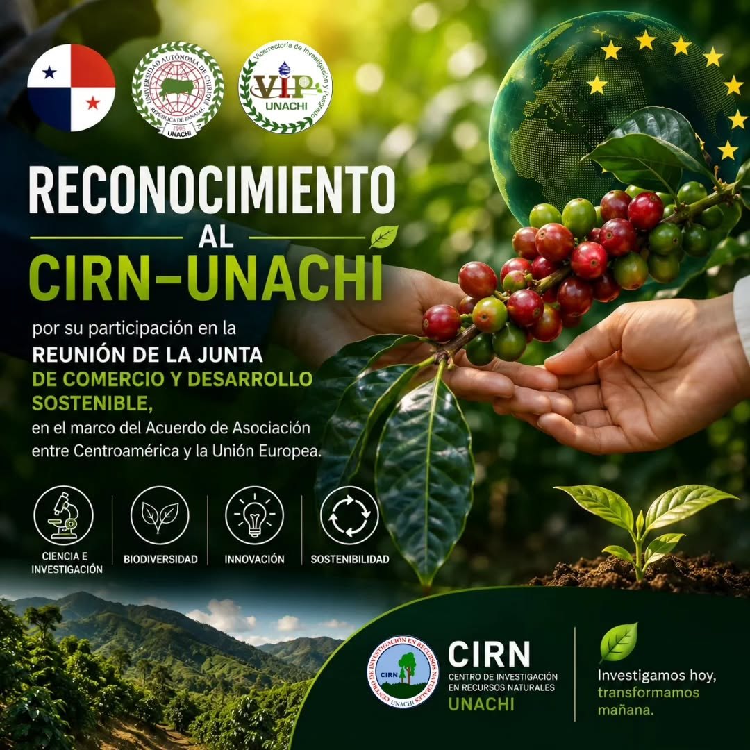 CIRN-UNACHI institutional graphic on the MICI recognition, with a coffee branch and the UNACHI and VIP seals.